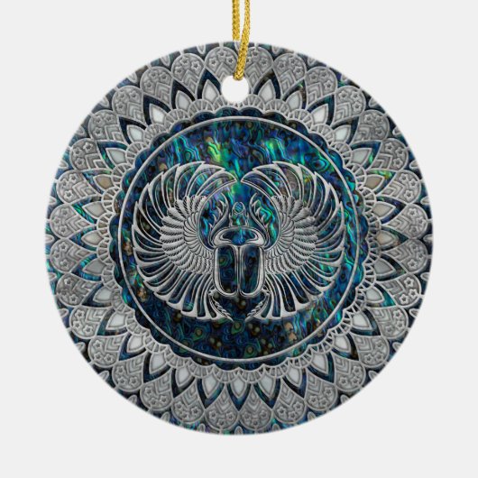 Egyptische Scarab Beetle Silver en Abalone Keramisch Ornament (Voorkant)