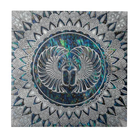 Egyptische Scarab Beetle Silver en Abalone Tegeltje (Voorkant)