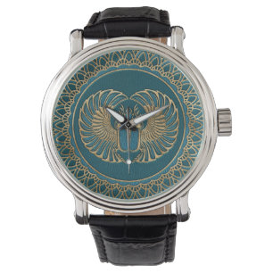 Egyptische Scarab Kever Gold op Blauwgroen leer Horloge