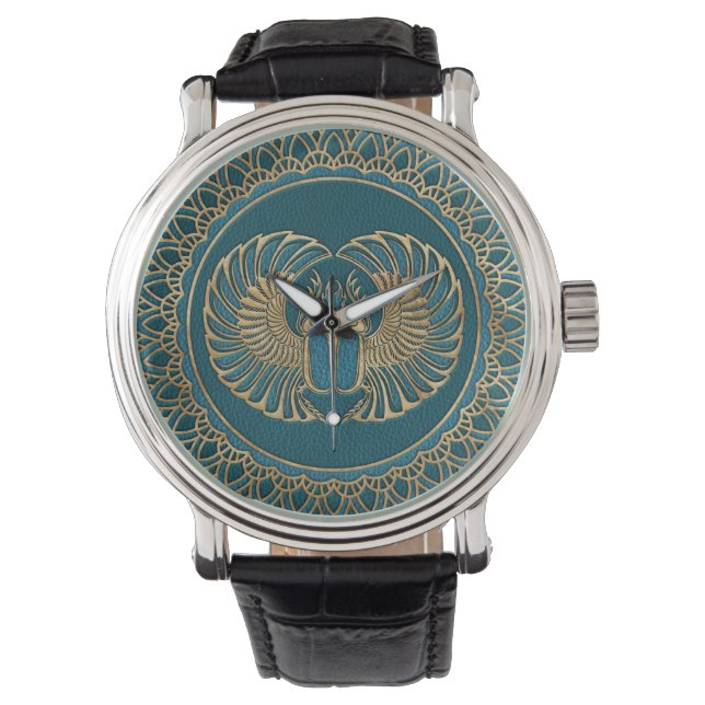 Egyptische Scarab Kever Gold op Blauwgroen leer Horloge (Voorkant)
