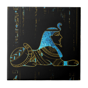 Egyptische Sphinx over hiërogliefen Blue crystal  Tegeltje