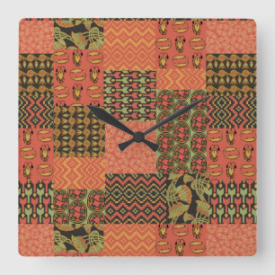 Egyptische Tribal Faux Patchwork Vierkante Wandklo Klok