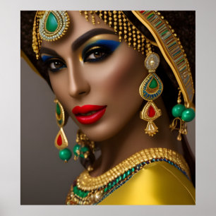 Egyptische vrouw Exotisch hoofdtooi goud groen bla Poster