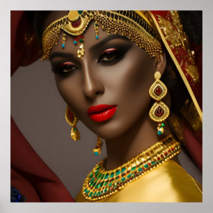 Egyptische vrouw Exotische hoofddoek goud groen bl Poster