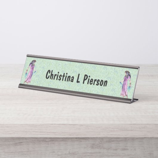 Egyptische Woman Gold Jewelry Roze Dress Green Bureau Naambordje (Voorkant)