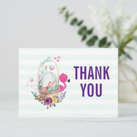 Ei in een mandje met Flamingo en Bunny Dank u Kaart (Staand voorkant)