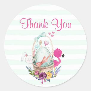 Ei in een mandje met Flamingo en Bunny Dank u Ronde Sticker