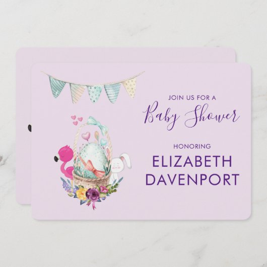 Ei in een mandje met Flamingo en Bunny Shower Kaart (Voorkant / Achterkant)