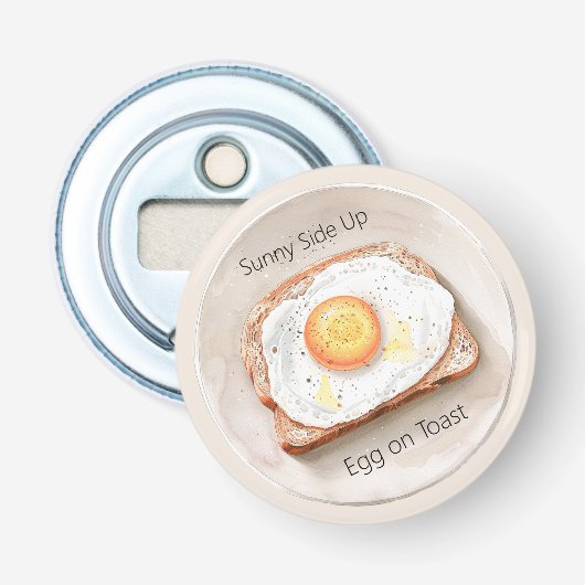 Ei met de dooier boven op toast button flesopener (Voorkant)