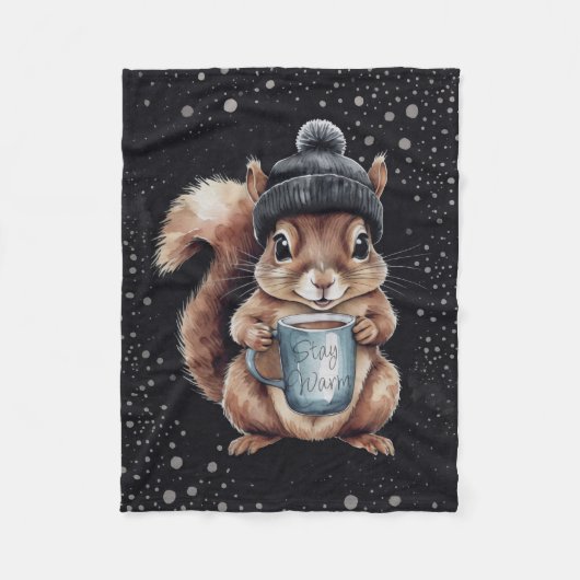 Eichhörnchen mit Tasse und Schnee „Stay Warm“ Fleece Deken (Voorkant)