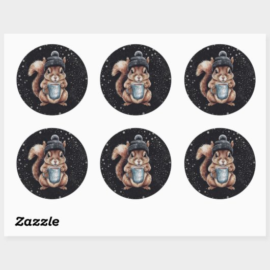 Eichhörnchen mit Tasse und Schnee „Stay Warm“ Ronde Sticker (Vel)