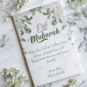 Eid Adha Mubarak Grijs en Groen Bloemmotief Islami Feestdagenkaart