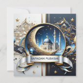 Eid Al Adha Halve Maan Moskee Gouden Wit Blauw Feestdagenkaart (Voorkant)