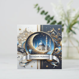 Eid Al Adha Halvemaan Moskee Goud Wit Blauw Feestdagenkaart