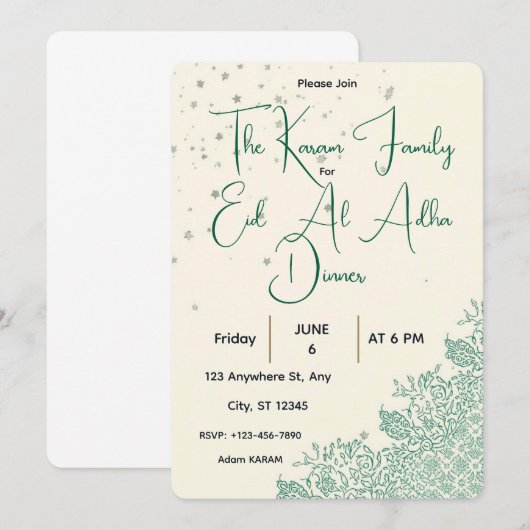 Eid Al Adha Sage Green Dinner Kaart (Voorkant / Achterkant)