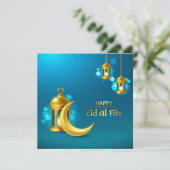Eid Al-fitr Mubarak Gold crescent en lantaarn Feestdagenkaart (Staand voorkant)