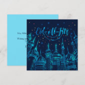 Eid al Fitr Mubarak Mosque Stars Vuurwerk Blauwe H Feestdagenkaart (Voorkant / Achterkant)