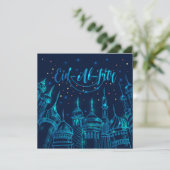 Eid al Fitr Mubarak Mosque Stars Vuurwerk Blauwe H Feestdagenkaart (Staand voorkant)