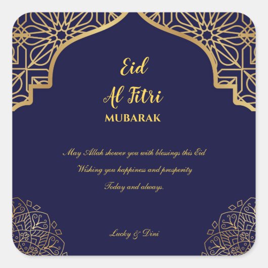 Eid Al Fitri Golden Mandala Navy Blue Vakantie Vierkante Sticker (Voorkant)