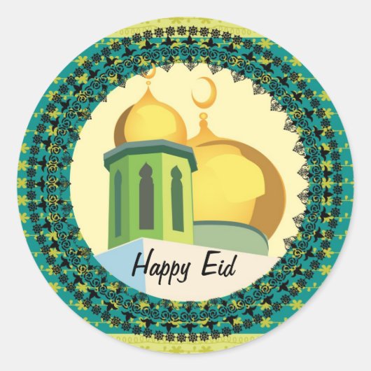 Eid Greetings gele moskee Ronde Sticker (Voorkant)