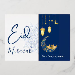 Eid Mubarak /Aangepaste bedrijfsnaam  blauwe Groet Folie Feestdagenkaart