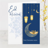 Eid Mubarak /Aangepaste bedrijfsnaam blauwe Groet Kaart (Gele Bloem)