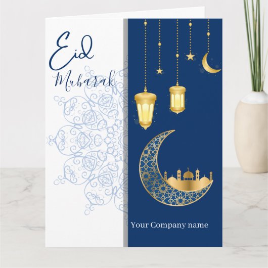 Eid Mubarak /Aangepaste bedrijfsnaam blauwe Groet Kaart (Voorkant)