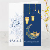 Eid Mubarak /Aangepaste bedrijfsnaam blauwe Groet Kaart (Gele Bloem)