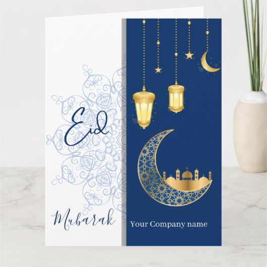 Eid Mubarak /Aangepaste bedrijfsnaam blauwe Groet Kaart (Voorkant)