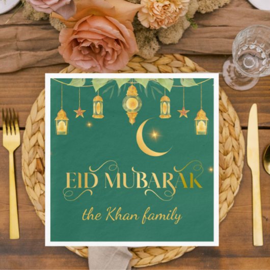 Eid Mubarak Aangepaste Gouden Groene Lantaarns + M Servet