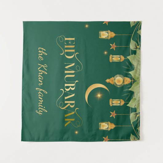 Eid Mubarak Aangepaste Gouden Groene Lantaarns + M Wandkleed (Voorkant (horizontaal))
