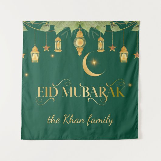 Eid Mubarak Aangepaste Gouden Groene Lantaarns + M Wandkleed (Voorkant)