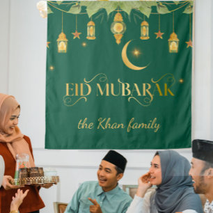 Eid Mubarak Aangepaste Gouden Groene Lantaarns + M Wandkleed