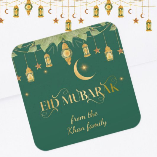 Eid Mubarak Aangepaste naam Elegant Modern Groen G Vierkante Sticker