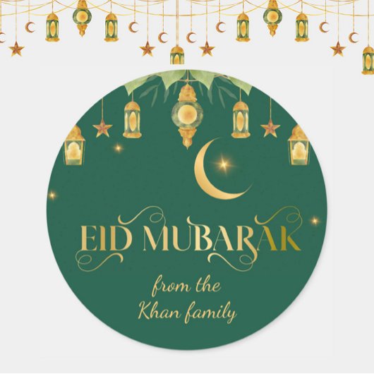 Eid Mubarak Aangepaste Naam Elegante Moderne Groen Ronde Sticker