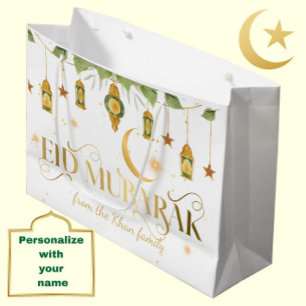 Eid Mubarak Aangepaste naam Elegante witte gouden  Groot Cadeauzakje