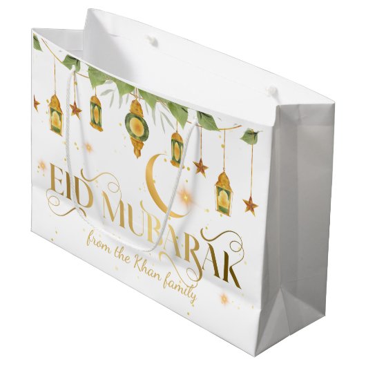 Eid Mubarak Aangepaste naam Elegante witte gouden  Groot Cadeauzakje (Voorkant Gekanteld)