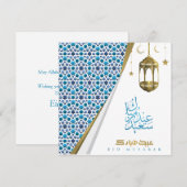 Eid Mubarak Arabisch Calligrafiepatroon Gold Blue Feestdagenkaart (Voorkant / Achterkant)