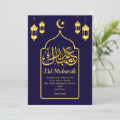 Eid Mubarak Arabisch Elegant modern blauw goud Feestdagenkaart (Staand voorkant)