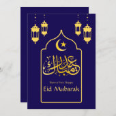 Eid Mubarak Arabisch Elegant modern blauw goud Feestdagenkaart (Voorkant / Achterkant)
