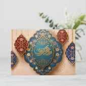 Eid Mubarak Arabisch Patroon Calligrafie Blue Gold Feestdagenkaart (Staand voorkant)