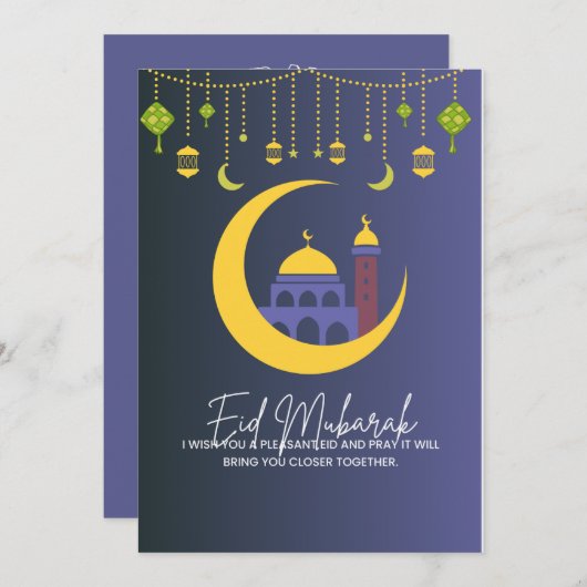 Eid Mubarak Blauw Feestdagenkaart (Voorkant / Achterkant)
