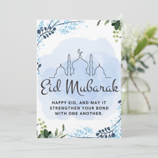 Eid Mubarak Blauwe Bloem Moskee Feestdagenkaart (Staand voorkant)