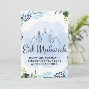 Eid Mubarak Blauwe Bloemenmoskee Feestdagenkaart