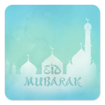 Eid Mubarak Blauwe Waterverf Moskee - Sticker