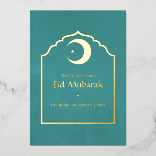 Eid Mubarak Blauwgroen en Gold Foil Holiday Kaart (Voorkant)