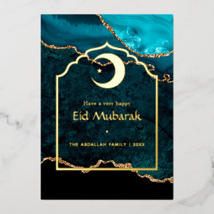 Eid Mubarak Blauwgroen - Turquoise en Gold Agate Folie Feestdagenkaart