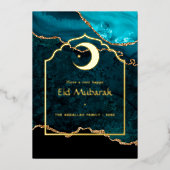 Eid Mubarak Blauwgroen - Turquoise en Gold Agate Folie Feestdagenkaart (Voorkant)