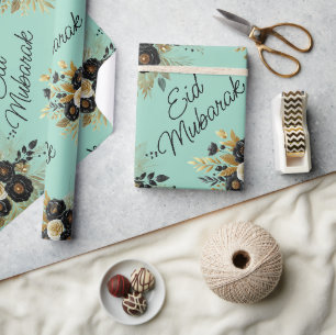 Eid Mubarak Bloemen Zwart Goud Script blauwgroen Cadeaupapier