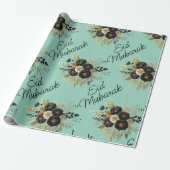 Eid Mubarak Bloemen Zwart Goud Script blauwgroen Cadeaupapier (Uitgerold)